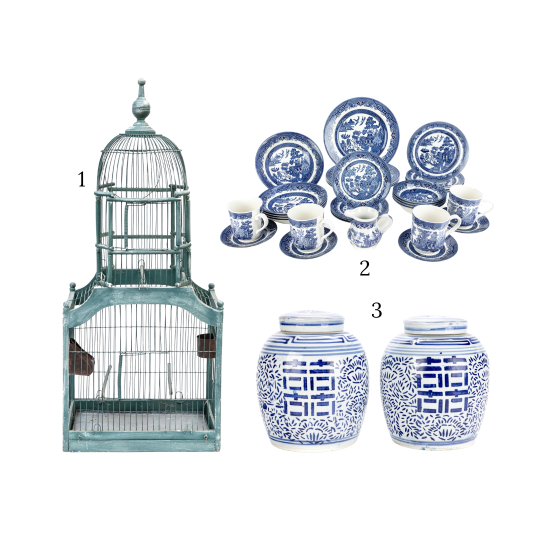 Metal & Wood Blue Paint Decorated Towering Bird Cage (item #: 219071)Partial Service of Churchill England Willow Pattern with Compatible Pieces (item #: 221271)Pair of Chinese Blue and White Ginger Jars (item #: 221216)